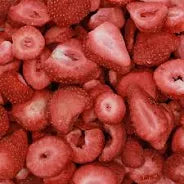 A close-up image of freeze-dried strawberries, showing the individual fruits' textured surfaces and a group of them clustered together.